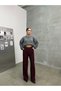 High Waist Burgundy Burgundy Fabric Palazzo Pants with Belt - 5