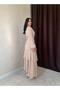 Beige Chiffon Layered Skirt Tulle-Sleeved Pleated Dress - 7