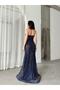 Navy Blue Sequins Embroidered Strapless Evening Dress - 4