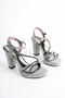 Women's Platinum Glitter Platform 3 Stone Heeled Shoes