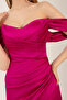 Women's Fuchsia Boat Neck Draped Midi Evening Dress - 2