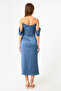 Women's Indigo Boat Neck Draped Midi Evening Dress - 5