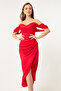 Women's Red Boat Neck Draped Midi Evening Dress - 3