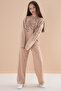 Beige Text Printed Girls' Elastic Waist Sweatpants Set 19896