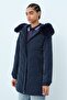 Mobile Fur Hooded Quilted Coat Navy Blue