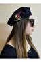 Valentine's Day Gift Handmade Red Yellow Heart Flower Embroidered Black Painter Beret - Design - 4