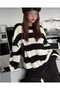 Black and White Striped Crew Neck Oversize Women's Knitwear Sweater - 2