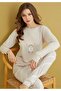 Women's Beige Color Cotton Thermal Pajama Set - Soft and Warm with Clock Pattern - 2