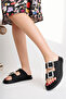 Women's Black Matte Stone Double Buckle Comfortable Sole Slippers - 4
