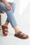 Women's Tan Matte Stone Double Buckle Comfortable Sole Slippers - 2