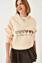 Women's Beige Hooded Three-Yarn Raster Colorful Heart Printed Sweatshirt 60601040 - 2