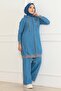 Zippered Ribbed Denim Suit Light Blue 19363 - 3