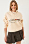 Women's Beige Hooded Three-Yarn Raster Colorful Heart Printed Sweatshirt 60601040 - 5