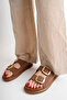 Women's Tan Matte Double Buckle Comfortable Sole Slippers