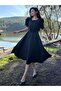 Black Watermelon Sleeve Flared Midi Length Crepe Dress