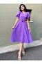 Lilac Watermelon Sleeve Flared Midi Length Crepe Dress