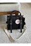 Black Women's Shoulder Bag with Cotton Column Strap Front Buckle and Ring Detail - 4