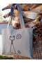 Cute Cat Embroidery Motif Gray Cloth Shoulder Bag - 5