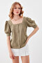 U-Neck Balloon Cufflink Blouse - 2