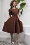 Brown Watermelon Sleeve Flared Midi Length Crepe Dress