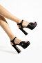 Shoes 13 Cm Wear-Run Black Satin Thick Heel Platform Evening Dress Shoes