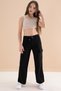 Black Wide-Leg Waist Lace-Up Girls Cargo Pocket Jean Trousers 20132 - 3