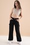 Black Wide-Leg Waist Lace-Up Girls Cargo Pocket Jean Trousers 20132