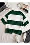 Unisex Green Striped Oversize Polo Neck Half Zipper T-Shirt - 2