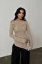 Women's Draped Boat Neck Asymmetrical Lycra Knitted Black Cream 2-Piece Blouse - 5