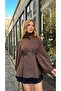 Women's Brown Judge Collar Belted Stamp Poncho 15732 - 3