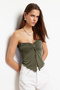 Haki Premium Buzzy Heart Collar Gathered Stretchy Crop Knitted Blouse Twoss24Bz00204 - 5