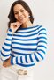 Women's Cobalt Blue Striped Very Soft Textured Boat Neck Knitwear Sweater Kzk-19000942 - 4