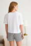 Kadın Beyaz %100 Pamuklu Ayıcıklı Çizgili Şortlu Örme Pijama Takımı THMSS24PT00175 - 6