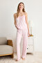 Pembe Çiçekli Bağlamalı ve İp Askılı Örme Pijama Takımı THMSS24PT00233 - 2