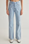 Açık Mavi Çiçek Nakışlı Yüksek Bel Wide Leg Geniş Paça %100 Pamuk Non-Stretch Jeans TWOSS25JE00047 - 3