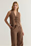Kahverengi Bağlamalı Keten Görünümlü Bluz Ve Wide Leg Pantolon Dokuma Alt - Üst Takım TWOSS25AU00034 - 2