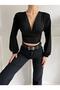 Women's Lycra Micro Fabric Body Balloon Long Sleeve Crop Chest Low-Cut Black Body