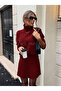 Burgundy Pleated Mini Skirt Turtleneck Sweater Top-Bottom Knit Set - 3