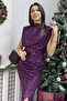 Women's Stand Collar Sash Detail Slit Sequin Sequin Evening Dress Navy Blue, Black, Plum, Powder - 5