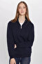 Unisex Relax Fit Comfortable Cut Cotton Fleece Inside Half Zipper Navy Blue D Mock Neck Sweatshirt - 4