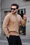 Kamel Honeycomb Textured Ribbed Polo Collar Knit Sweater - 2445 - 3