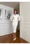Women's Imported Scuba Fabric Sleeve Pleated Button Detailed Special Design Lined Engagement Promise Wedding Party Dress