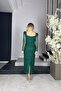 G0882 Square Collar Glitter Midi Length Evening Dress Emerald - 3