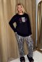 Women's Plus Size Letter Printed Long Sleeve Button Detailed Black Striped Pajamas Set - 6
