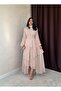 Beige Chiffon Layered Skirt Tulle-Sleeved Pleated Dress - 4