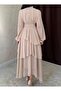 Beige Chiffon Layered Skirt Tulle-Sleeved Pleated Dress - 8