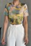 Women's Crew Neck Multicolor Print Short Sleeve Blouse - 2