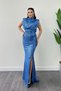 Sequin fabric ruched detail evening dress - indigo blue