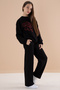 Black Text Printed Girls' Elastic Waist Sweatpants Set 19898 - 3
