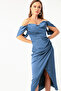 Women's Indigo Boat Neck Draped Midi Evening Dress - 4